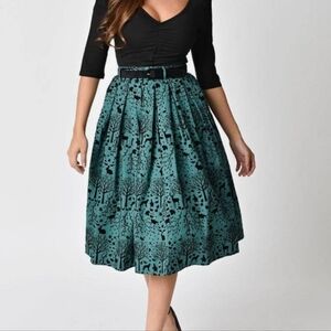 Hell Bunny Sherwood Forest Green Black Velvet A Line Swing Skirt
